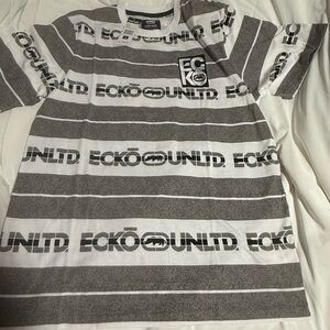 Ecko Unlimited Gray & White Striped Logo Tee men’s small. D9